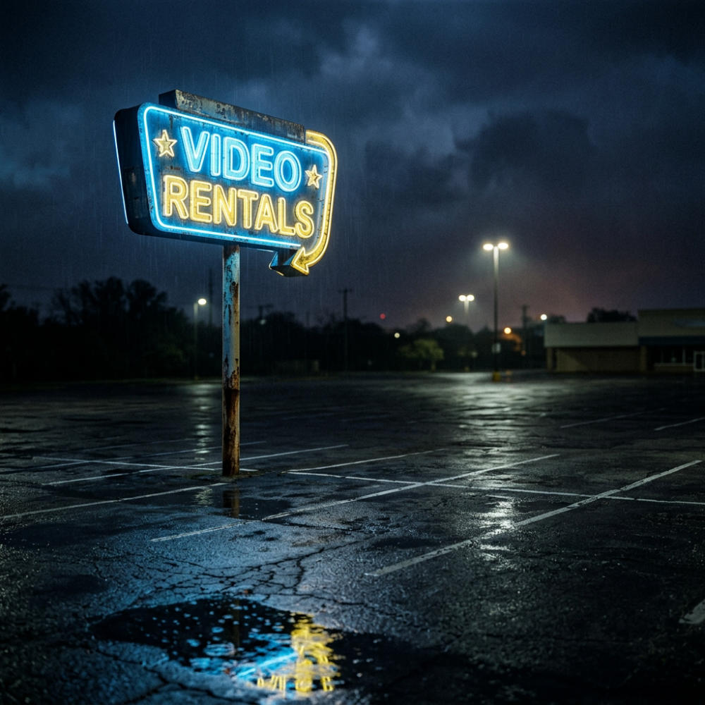 The blockbuster sign fading in an empty lot while streaming took over.