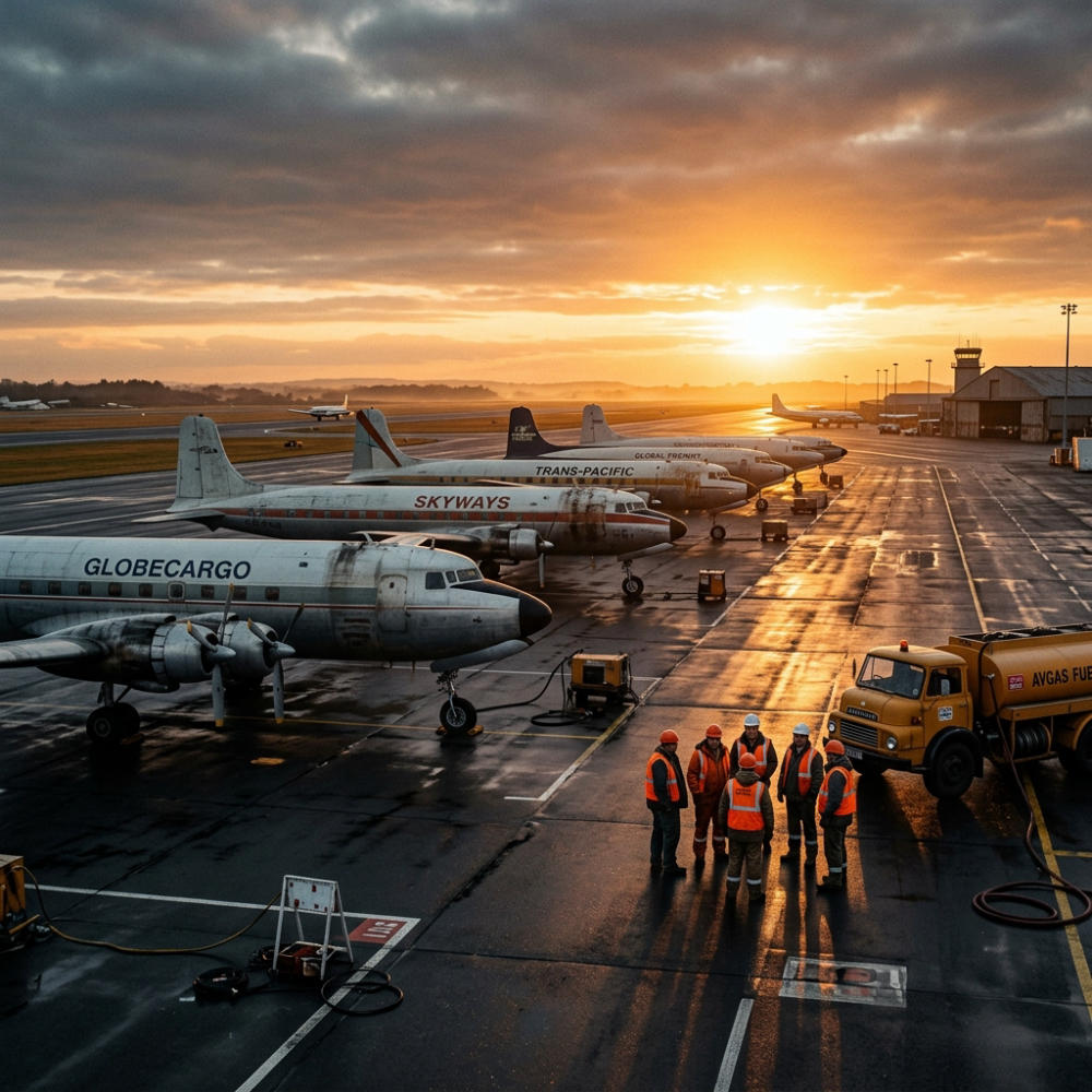 Cargo planes idle on the tarmac — no fuel money, no future.