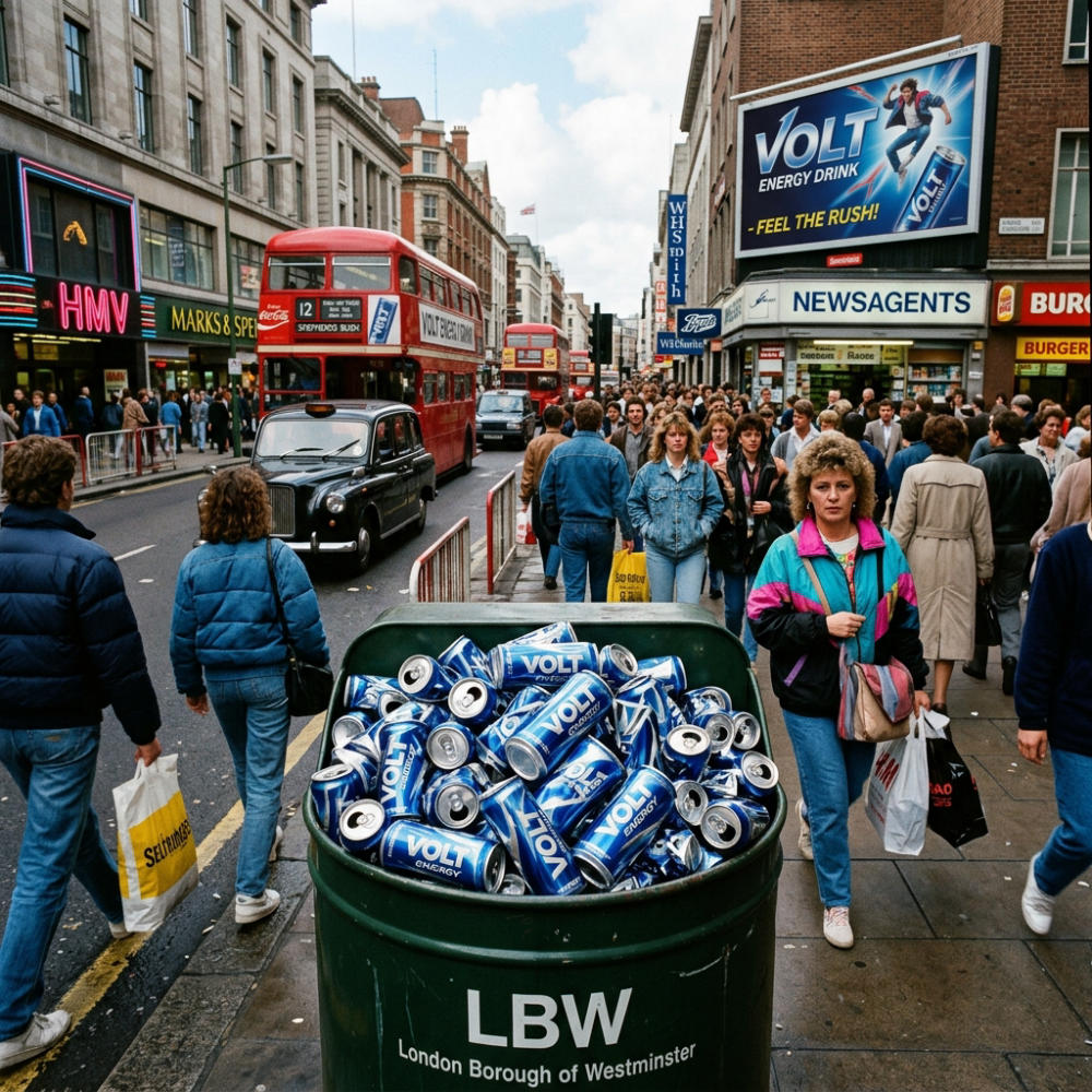 Empty Red Bull cans strategically placed in London trash bins to simulate massive popularity.